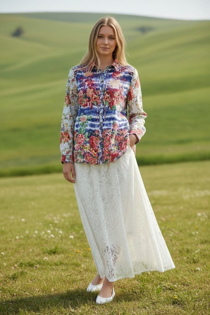 2 JOHN MARK button down Rayon blend multicolor print- embroidered blouses sz m
